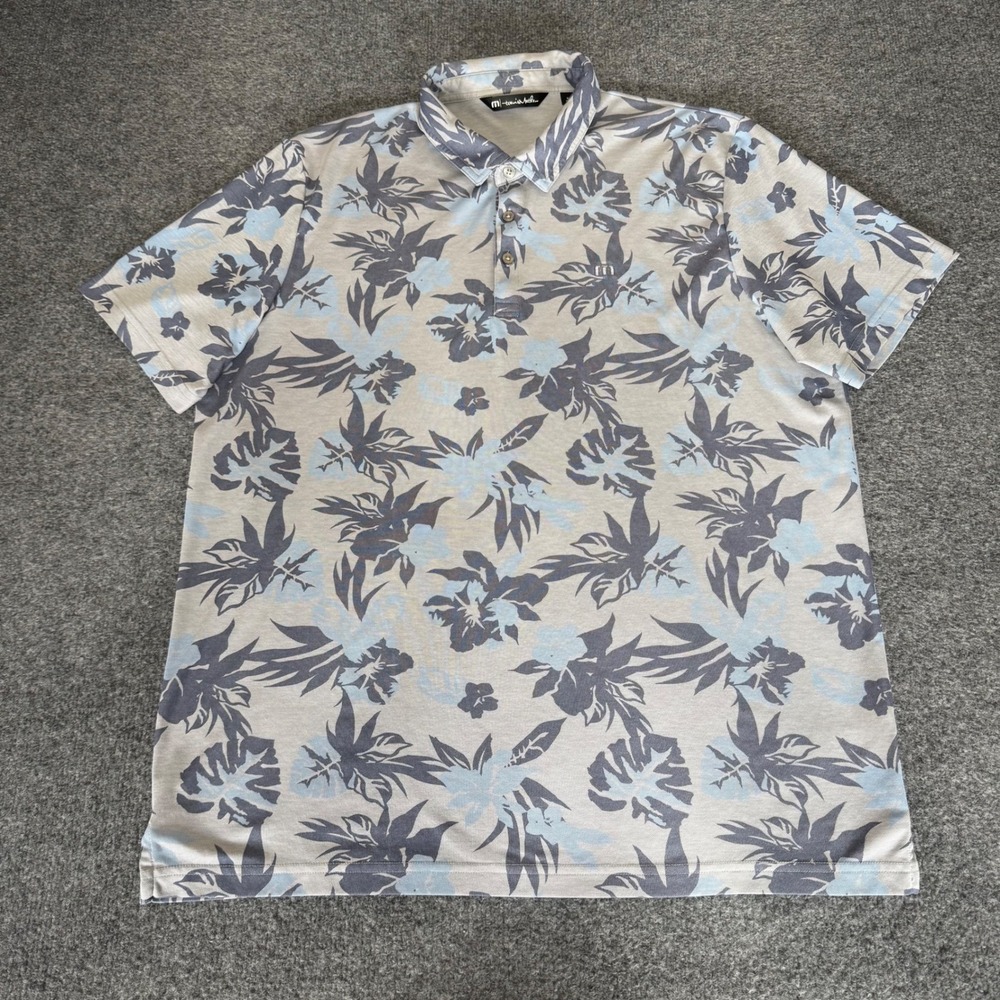 Travis Mathew Mens Polo Shirt XXL Blue Gray Floral Short Sleeve Golf Performance